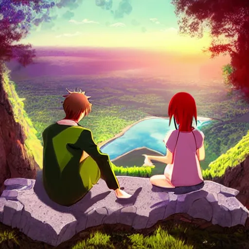 Image similar to digital art, anime, boy and girl sitting on the ledge of a mountain having a picnic with a beautiful view, creative, concept