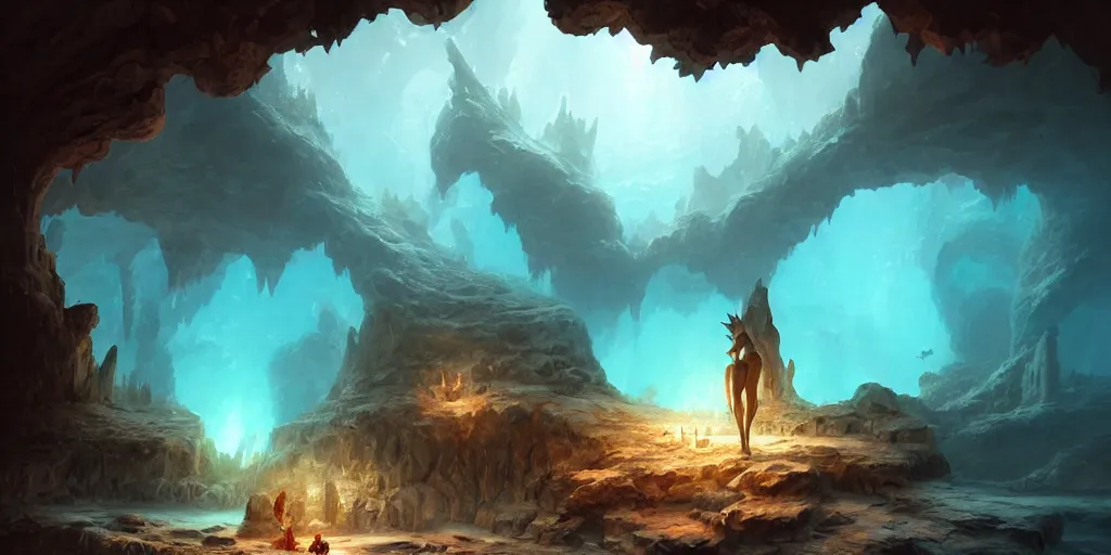 Image similar to underwater caverns, 5 e, d & d, fantasy, highly detailed, masterpiece, digital painting, artstation, concept art, smooth, sharp focus, illustration, art by artgerm, by greg rutkowski