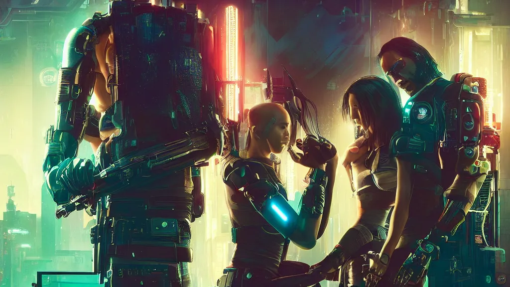 Image similar to a cyberpunk 2077 srcreenshot couple portrait of Keanu Reeves&female android in kiss,love story,film lighting,by Laurie Greasley,Lawrence Alma-Tadema,Dan Mumford,John Wick,Speed,Replicas,artstation,deviantart,FAN ART,full of color,Digital painting,face enhance,highly detailed,8K,octane,golden ratio,cinematic lighting