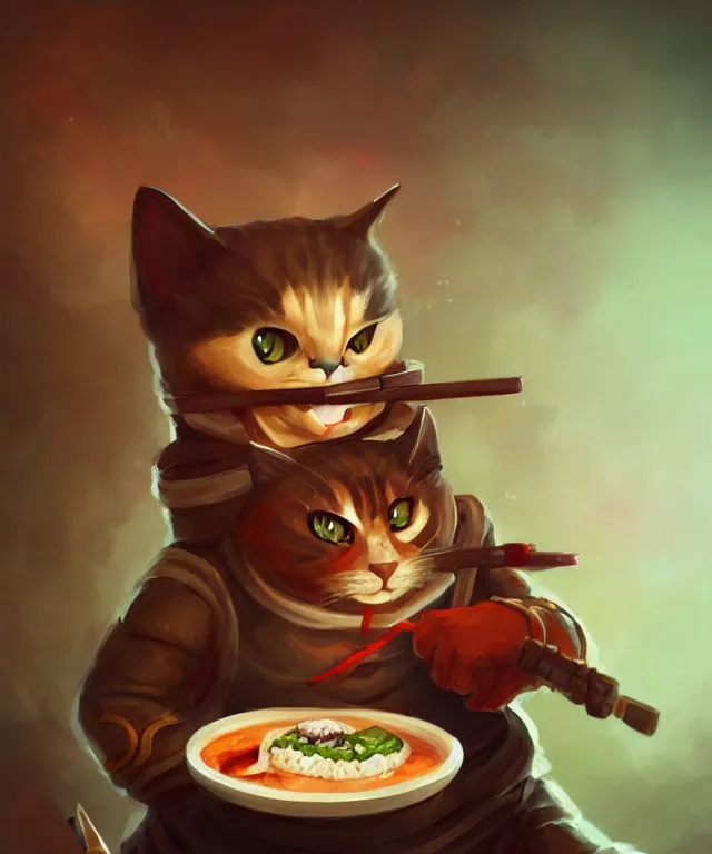 Image similar to a portrait of an anthropomorphic cat ninja eating sushi, ninja outfit, standing in a restaurant, cute and adorable, dnd character art portrait, well rendered matte fantasy painting, deviantart artstation, by jason felix by steve argyle by tyler jacobson by peter mohrbacher, cinematic lighting