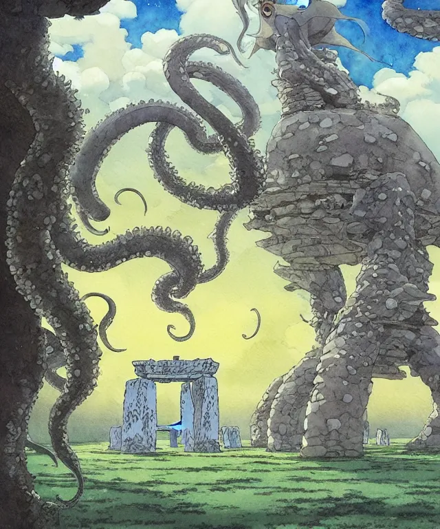 Image similar to a hyperrealist studio ghibli watercolor fantasy concept art. in the foreground is a giant grey octopus building and putting stones in to place on top of stonehenge with shooting stars all over the sky in the background. by rebecca guay, michael kaluta, charles vess