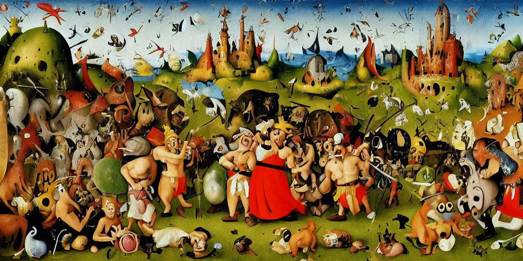 Image similar to Asterix and Obelix in the Garden of Earthly Delights. Oil painting the style of Hieronymus Bosch, highly detailed, Tintin, Snowy, Professor Calculus