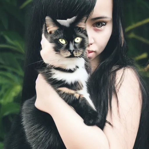 Prompt: a girl with long messy dark hair, ( ( ( goth style ) ) ), shiny eyes, holding a cat in her arms, a stock photo by juan villafuerte, pexels contest winner, high quality photo, rtx, hd, rasquache