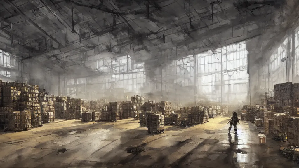 Prompt: interior of a warehouse filled with boxes, watercolored, jakub rozalski, dark colours, dieselpunk, artstation