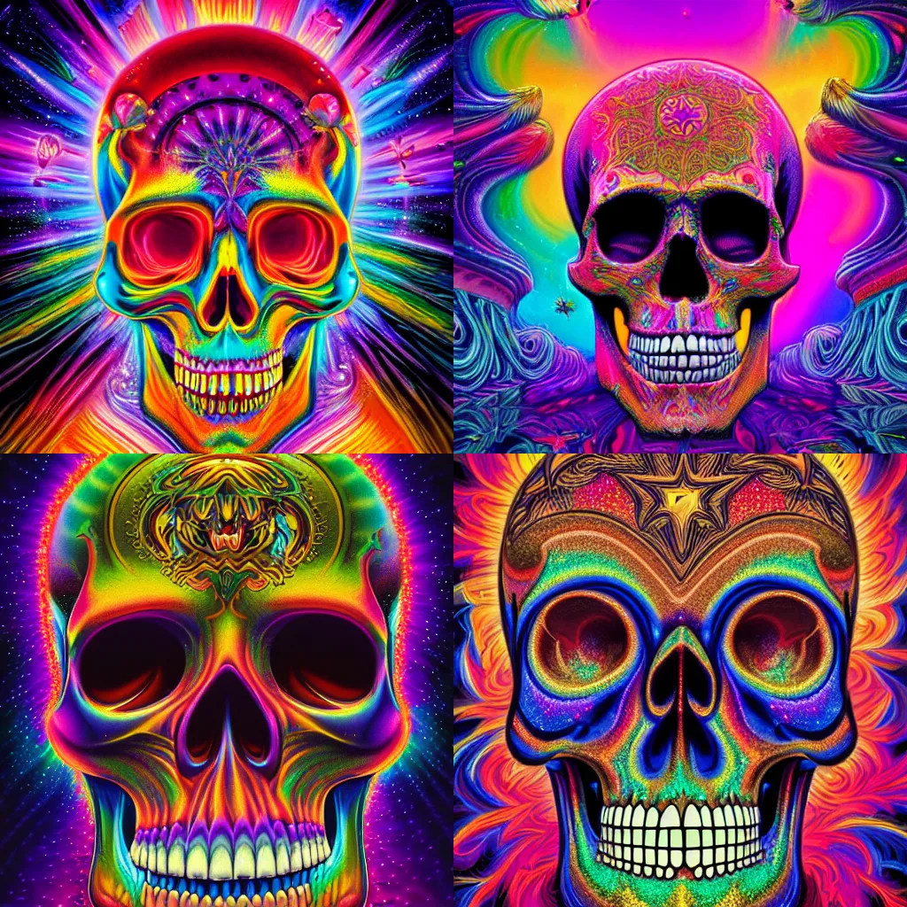 Prompt: beautiful matte painting of psychedelic glittering skull by dan mumford and alex gray and lisa frank, HDR, vivid color, volumetric lighting, CGsociety