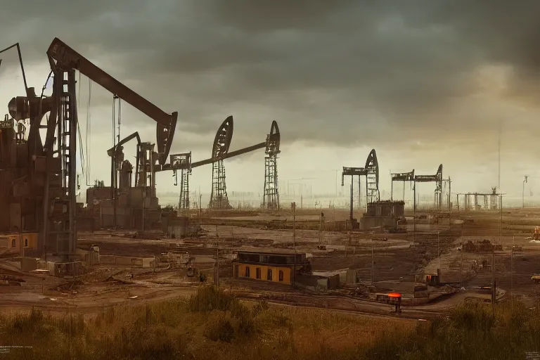 Image similar to oil field in battlefield 4 by simon stalenhag and robbert sammelin and eric persson, 4 k, hd wallpaper, hdr, tonemapping, detailed, atmospheric, global illumination, majestical lighting, saturated, wet, ray tracing, anamorphic lens, chromatic aberration, battlefield 4