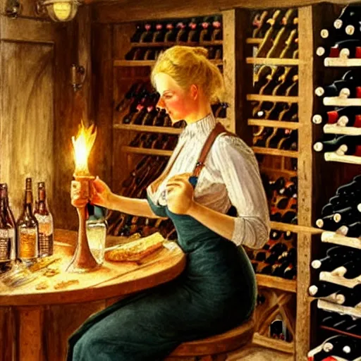 Image similar to hot blonde working in a wine cellar, food, pork, beer, schnapps, rustic, traditional, torches on the wall, watercolor by vladimir volegov and carl larsson