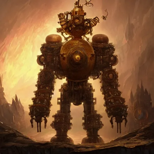 Image similar to a Steam powered mechanical golem in golden plate armoring, forward facing angle, steampunk concept art, character design, stunning 3d render , art by Tooth Wu and justin gerard and Blizzard studios, 8k octane beautifully detailed render, post-processing, extremely hyperdetailed, intricate complexity, epic composition, grim yet sparkling atmosphere, masterpiece, trending on artstation