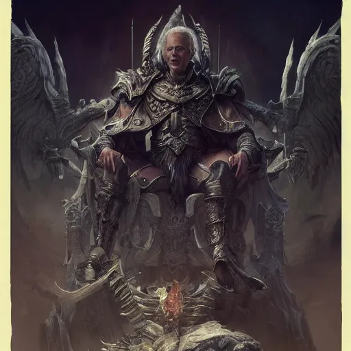 Prompt: joe biden atop a throne of skulls, fantasy, highly detailed, digital painting, artstation, cigarette, concept art, sharp focus, illustration, octane render, art by artgerm and greg rutkowski and magali villeneuve, dark color scheme