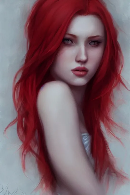 Image similar to portrait of the most beautiful girl in the world, red hair, mouth slightly open, by charlie bowater