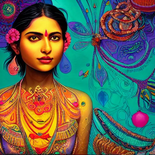 Image similar to the face of a ridiculously beautiful and pretty indian woman partially made of onion rings of all colors looking down, an ultrafine detailed illustration by james jean, final fantasy, intricate linework, bright colors, behance contest winner, vanitas, angular, altermodern, unreal engine 5 highly rendered, global illumination, radiant light, detailed and intricate environment