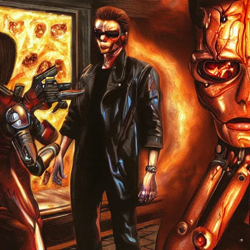 Image similar to the terminator meeting Neo from the Matrix in a restaurant, they eat pizza, highly detailed, digital painting, sharp focus, fantasy art