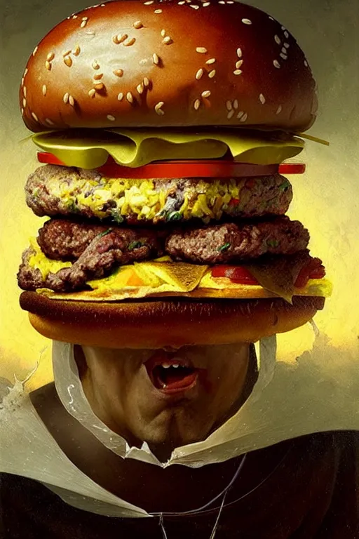 Prompt: hieronymus bosch, greg rutkowski, anna podedworna, painting of the burger king eating a whopper burger, extreme close up, insane detail