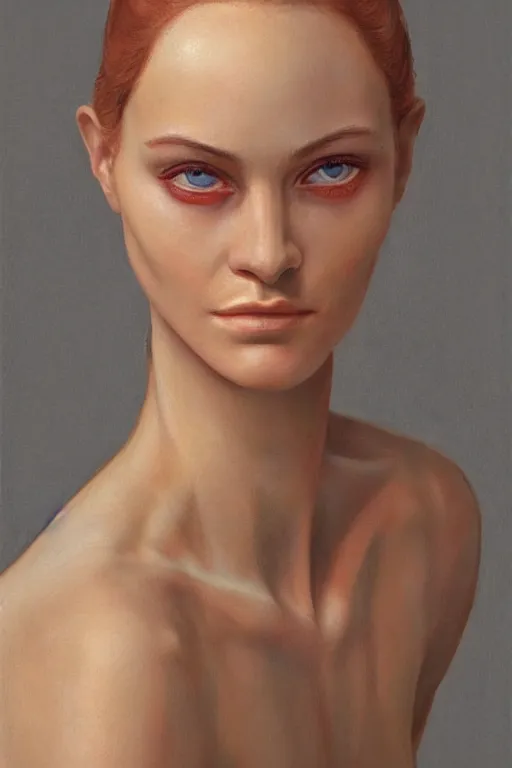 Prompt: hyperrealism close-up portrait of beautiful biomechanic woman, beautiful cheekbones, red eye, pale skin, in style of classicism