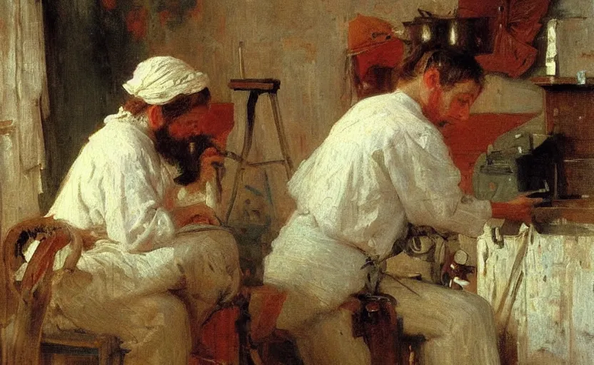 Image similar to high quality high detail painting by ilya repin, carpenter working, hd