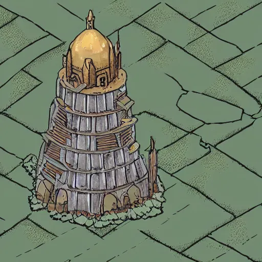 Image similar to Aerial view of a wizard tower next to a few mines and a few caves, lineart, colored