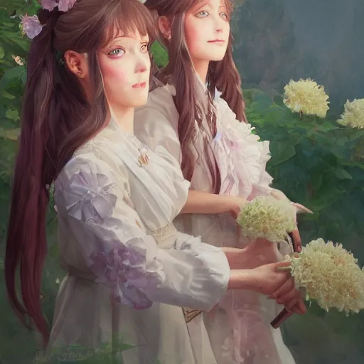 Prompt: a highly detailed portrait of sisters with purpure very very long hair, There are large snow-white peonies in the background, artstation, watercolor, highly detailed, portrait, by krenz cushart