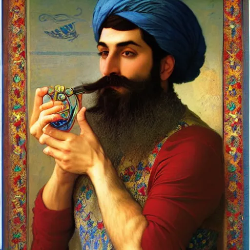 Image similar to beautiful iranian persian man with mustache, kaleidoscope, victor nizovtsev, botticelli, bouguereau