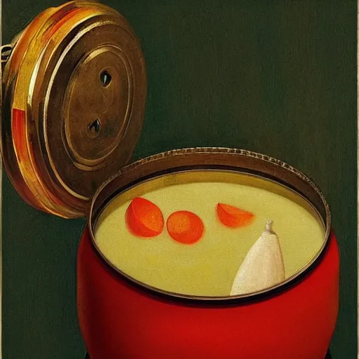 Image similar to ornamented by hsiao - ron cheng, by filippino lippi rococopunk. in this painting, the artist has used a photo - realist style to depict a can of soup. the can is placed on a plain background, & the artist has used bright, primary colors to create a striking image. the painting is both realistic & abstract