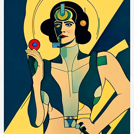 Image similar to Art by Coles Phillips, Portrait of Eva Green as Space Commander Zeta from the Year 3000, Mucha, Kandinsky, indigo, teal, gold