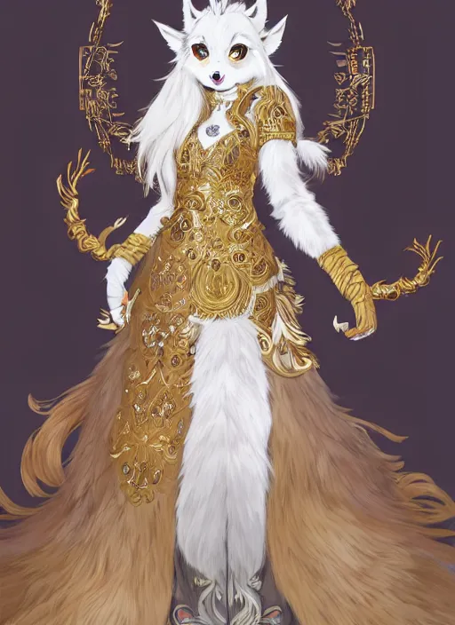 Image similar to commissioned full body furry portrait of a female anthro wolf-headed princess fursona with white hair wearing a white and gold chinese armored dress in a white and gold palace, by a professional manga illustrator, Stanley Artgerm Lau, WLOP, Rossdraws, James Jean, Andrei Riabovitchev, Marc Simonetti, and Sakimichan, trending on artstation