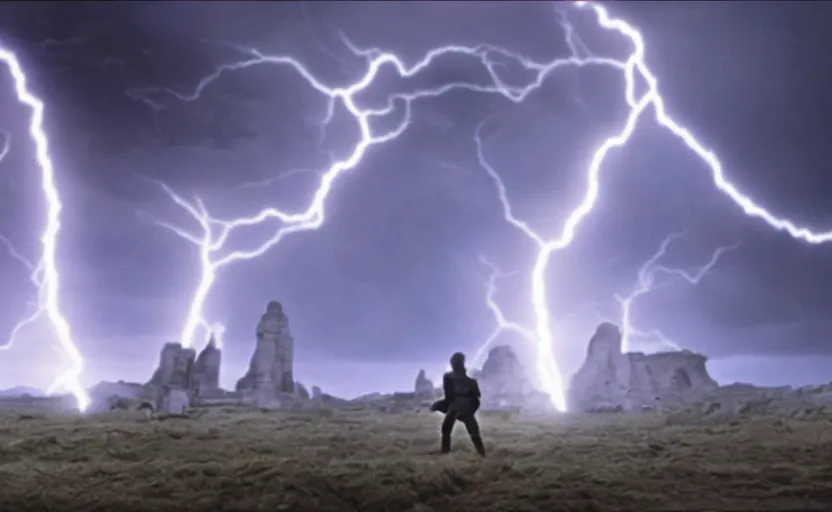 Prompt: screenshot portrait of Luke Skywalker fighting Emporer Palpatine force ghost, in a windy lightning battlefield with scattered ruins of a fiery jedi rock temple, iconic scene from 1970s film by Stanley Kubrick, last jedi, 4k UHD, cinematic lighting, beautiful portrait of Mark Hammill, moody scene, stunning cinematography, mcu effects, anamorphic lenses, kodak color film stock