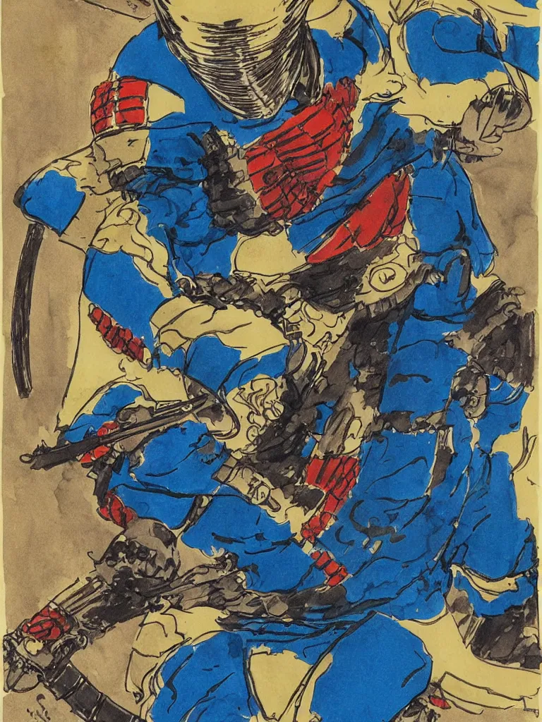 Prompt: a samurai wearing blue armor, art by jack kirby