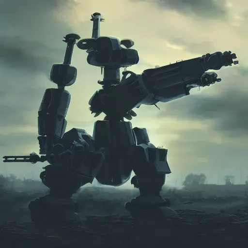 Image similar to a mech with guns on each arm preparing for combat, battlefield, dead trees, fire, smoke, dark clouds, slightly sunny, ominous, intense, epic, extremely detailed, cinematic lighting, studio ghibli, anime, steampunk,