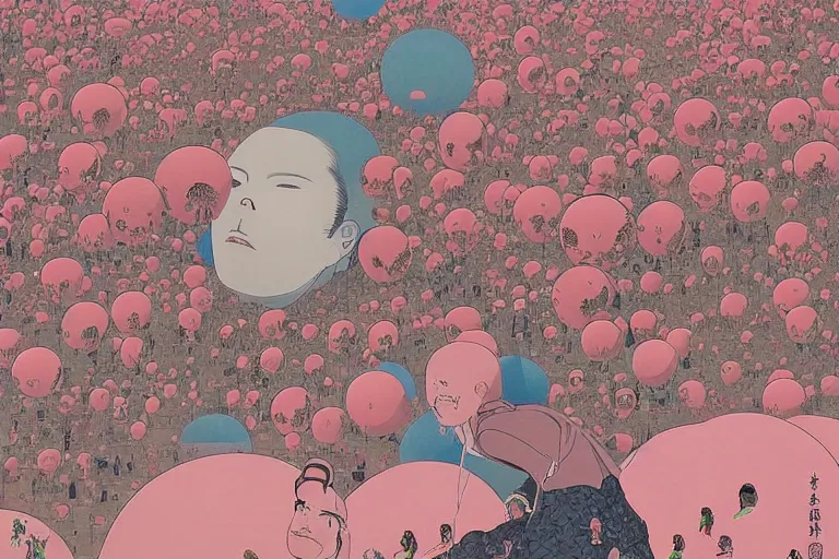 Prompt: gigantic faces that shoot pink lasers from the eyes, a lot of glass around, birds are all over the ground, acid and dreaming psychedelic hallucinations, by kawase hasui, dirtyrobot, satoshi kon and moebius, colorful flat surreal design, super - detailed, a lot of tiny details, fullshot
