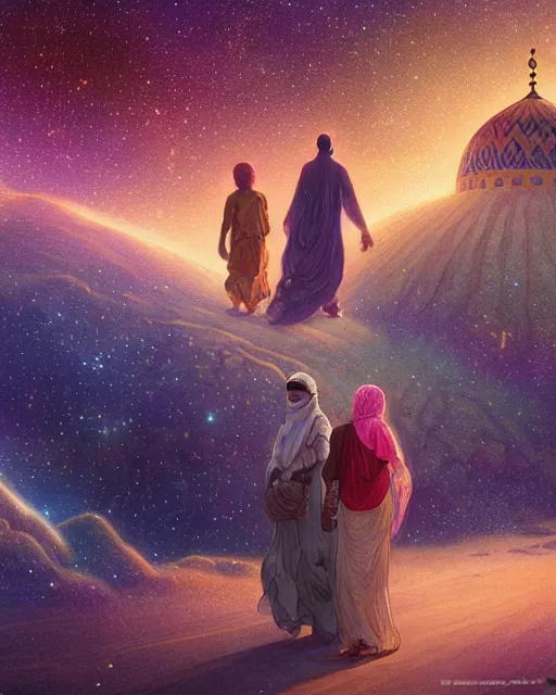 Image similar to bedouin man and woman and child in galaxy walking towards mosque surrounded by nebula, highly detailed, gold filigree, romantic storybook fantasy, soft cinematic lighting, award, disney concept art watercolor illustration by mandy jurgens and alphonse mucha and alena aenami, pastel color palette, featured on artstation