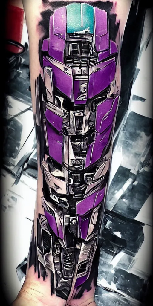 Image similar to decepticon and autobots battle leg sleeve tattoo, transformers, skywrap, soundwave, star scream, blitzwing, sunstreaker, sideswipe, intricate, symmetrical, lazer blast, sharp, high detailed, high contrast, 1 st winner, trending, polkadot!!! grunge!!! purple!! black!! red!!