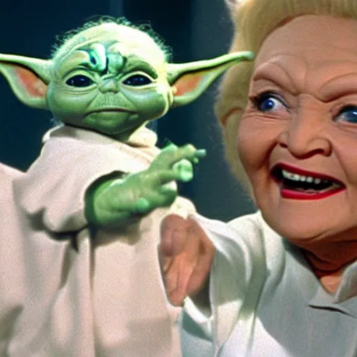 Image similar to promotional image of Betty White as baby yoda dancing.