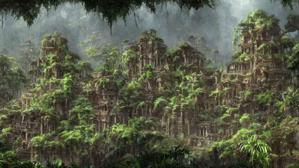 Prompt: Trending on artstation, beautiful jungle ruins lost city, detailed matte painting, oil on canvas