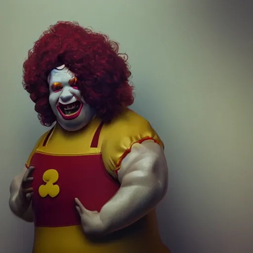 Image similar to hyperrealistic dslr film still of grotesquely morbidly obese ronald mcdonald, stunning 8 k octane comprehensive 3 d render, inspired by istvan sandorfi & greg rutkowski & unreal engine, perfect symmetry, dim volumetric cinematic lighting, extremely hyper - detailed, extremely lifelike attributes & lifelike texture, intricate, masterpiece, artstation, stunning