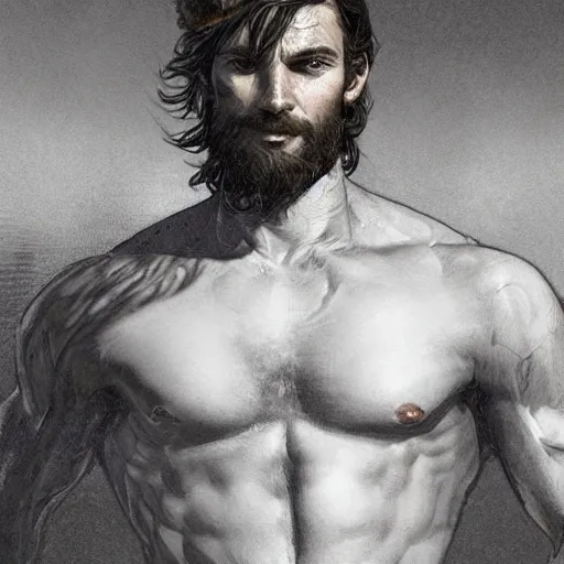 Image similar to portrait of a young rugged ranger, muscular, upper body, hairy torso, D&D, fantasy, intricate, cinematic lighting, highly detailed, digital painting, artstation, concept art, smooth, sharp focus, illustration, art by Artgerm and Greg Rutkowski and Alphonse Mucha