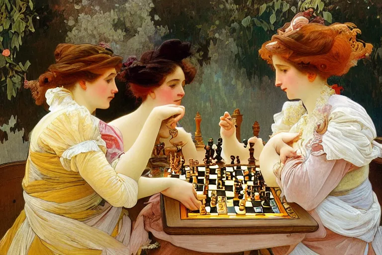Prompt: two young women playing chess by alphonse mucha Jean-Honoré Fragonard. highly detailed. 8k. depth of field. photography