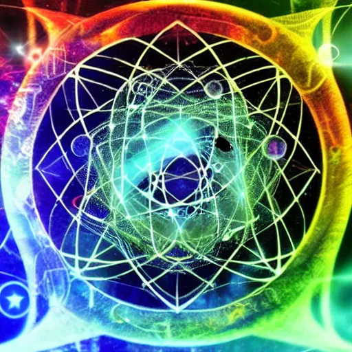 Prompt: quantum mechanical transdimensional imagery that connects all human minds to cosmic awareness | scientific psychedelic mystical occult religious