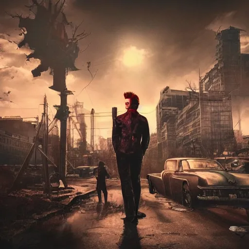 Image similar to fallout 5, charismatic david bowie, portrait, outdoors ruined cityscape, atmospheric lighting, painted, intricate, volumetric lighting, beautiful, daytime, sunny weather, slight overcast, sharp focus, deep colours, ultra detailed, by leesha hannigan, ross tran, thierry doizon, kai carpenter, ignacio fernandez rios