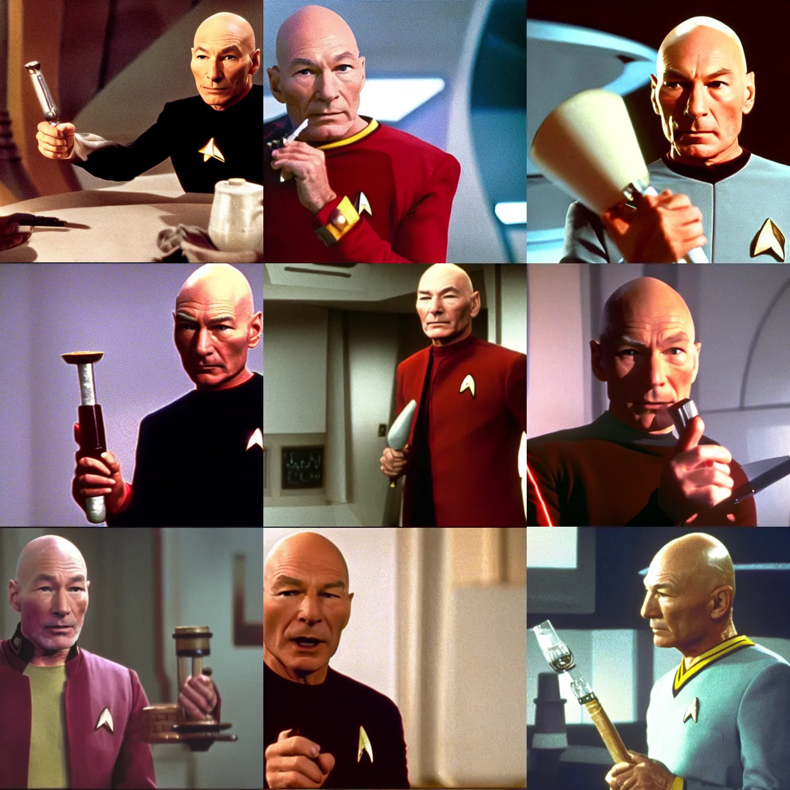 Prompt: still of patrick stewart hitting a bong as jean - luc picard in star trek : the next generation ( 1 9 8 7 )