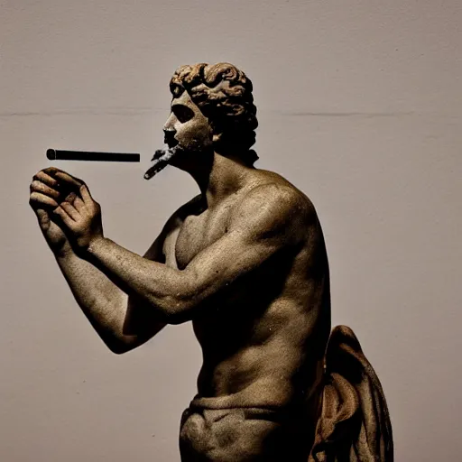 Prompt: a greek statue smoking a blunt