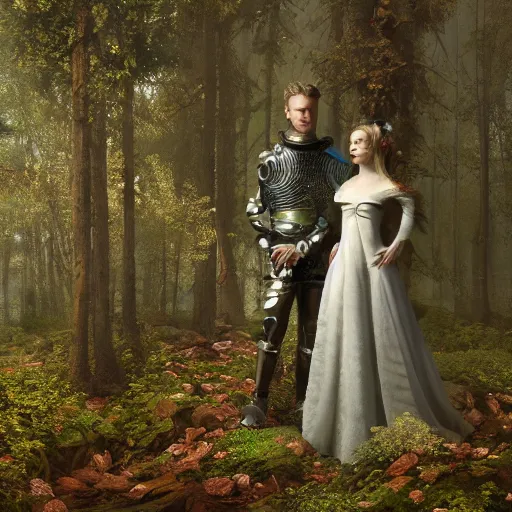 Prompt: female standing in a forest and a male knight standing next to her, 8 k, spotlight, cinematic lighting, global illumination, ambient occlusion, insanely detailed and intricate, hypermaximalist, elegant, ornate, hyper realistic, super detailed, by lee man fong, by pebble tay, by richard dadd, by wlop