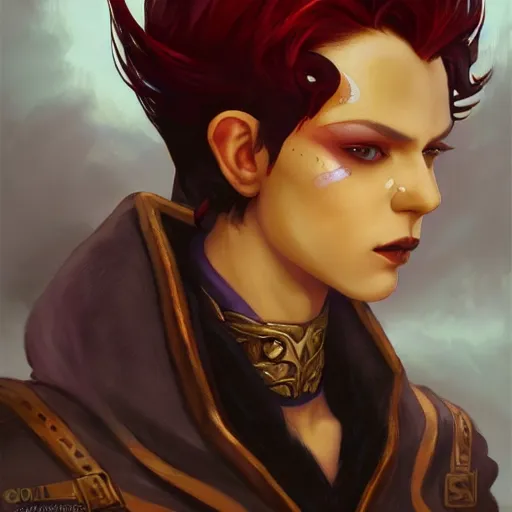 Image similar to dnd character portrait of a beautiful and androgynous half - elf with messy short red hair and catlike features and dark skin and yellow eyes with slit pupils, glowing, golden hour, wearing a colorful men's suit, realistic painting by ross tran and gerald brom and alphonse mucha, trending on artstation