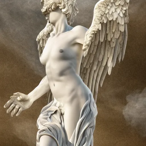Image similar to realistic digital painting of a stunning intricate cracked white marble falling angel bernini sculpture, trailing white vapor, mycelium stands and misty xparticles neutral tone background, trending on artstation, hyperrealism, matte painting, subsurface scattering