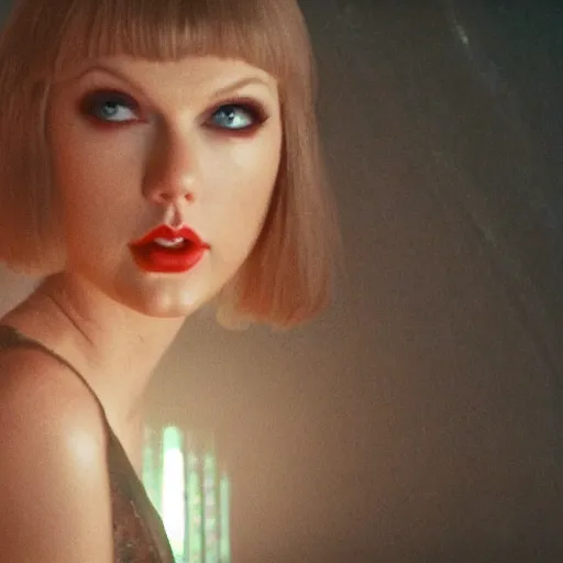 Image similar to Taylor Swift in Blade Runner, cyberpunk, cinematic film still