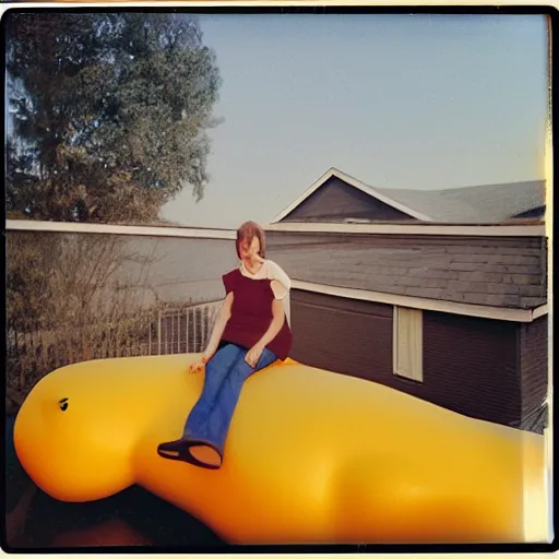 Prompt: a very beautiful picture of a giant rubber duck on the roof of an house, polaroid