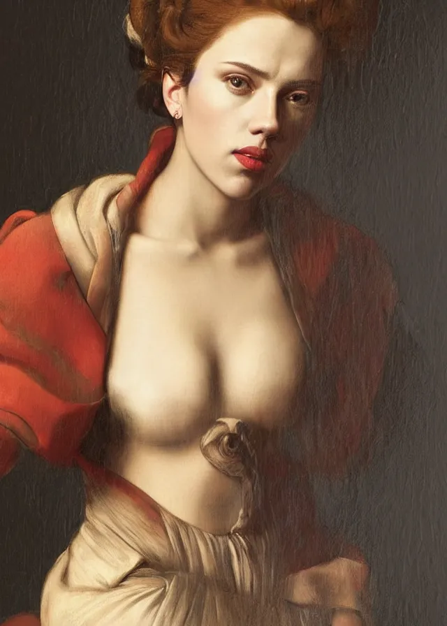 Prompt: a portrait of a Scarlett Johansson , beautiful clothes, oil painting in a renaissance style , very detailed, painted by Artemia Gentileschi , Caravaggio, Titian, Rembrandt, digital painting, artstation, concept art, smooth, sharp focus, illustration, art by artgerm and greg rutkowski.