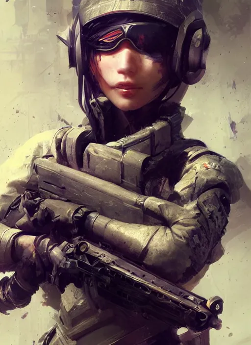 Prompt: of a sniper girl in war, with futuristic gear and helmet, portrait by ruan jia and ross tran, detailed, epic video game art