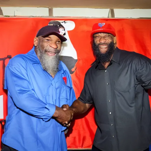 Image similar to cinematic shot of mike tyson and fidel castro shaking hands in a cuban resort, 8 k, very detailed, very intricate, detailed faces,