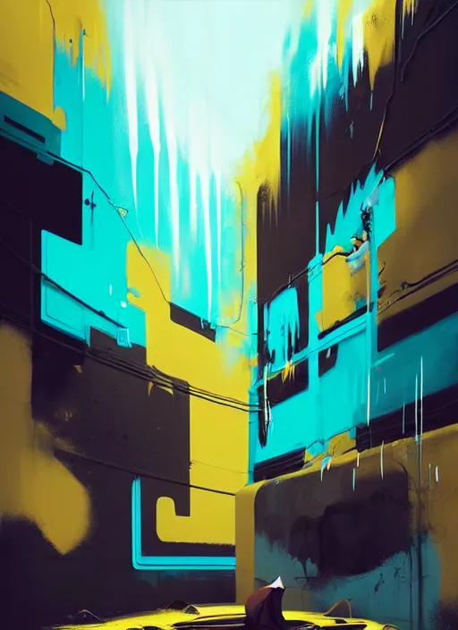 Prompt: matte painting extreme offset 3 d calligraphy graffiti mural dripping paint wall extreme maximalism by atey ghailan, by greg rutkowski, by greg tocchini, by james gilliard, by joe fenton, yellow, brown, black and cyan color scheme, octane render