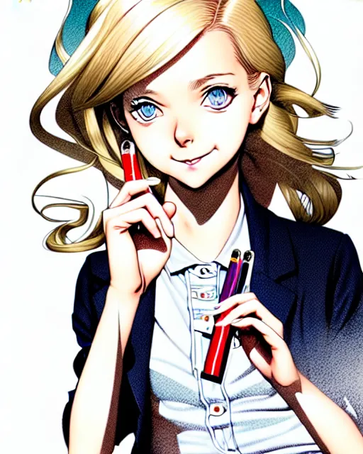 Prompt: illustration depicting a wealthy young mischievous female prep school student with medium length bright blonde hair and pale skin, in an old study room smoking her dad's cigarettes, complex artistic color ink pen sketch illustration, subtle detailing, illustrated by Artgerm and Range Murata.